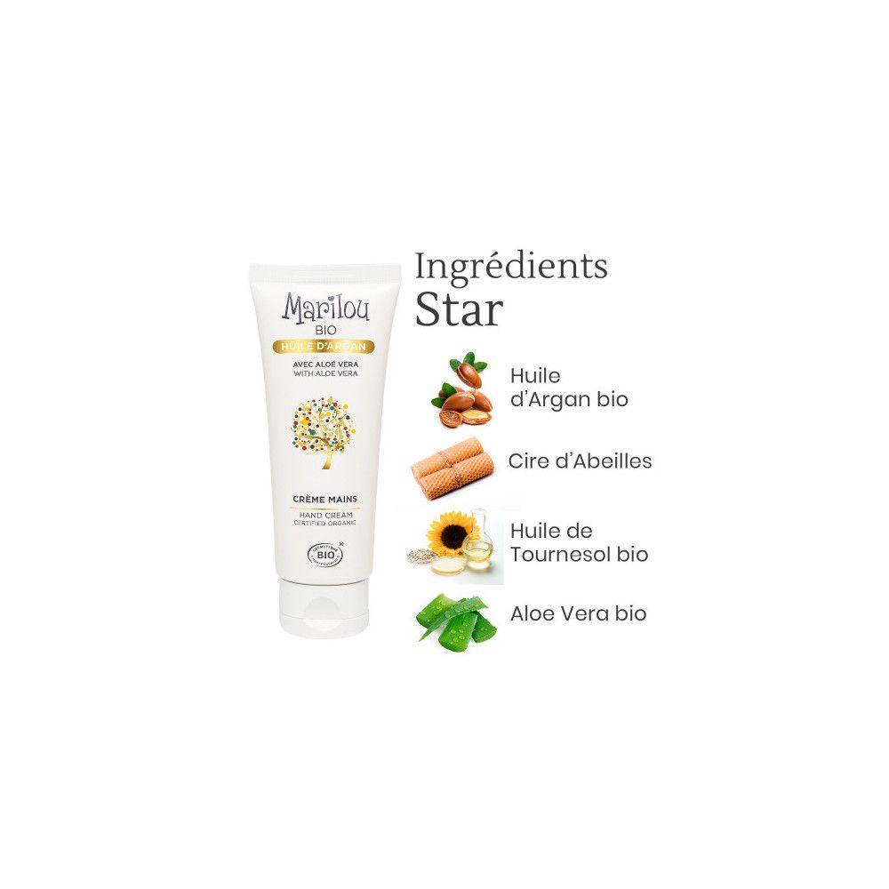 Weiße Tube Handcreme mit Aufschrift Marilou Bio. Daneben Zutaten: Arganöl, Bienenwachs, Sonnenblumenöl, Aloe Vera.