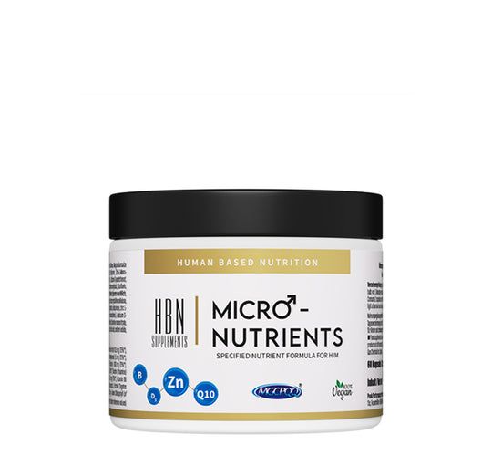 Weißes Tiegel mit schwarzem Deckel. Aufschrift: HBN Supplements, Micronutrients, Human Based Nutrition. Blaue und gelbe Kreise mit Buchstaben.