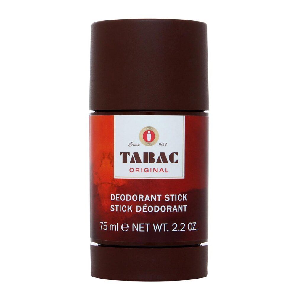 Deo-Stick Tabac Original. Braune Verpackung mit weiß-rotem Etikett. Text: Deodorant Stick, 75 ml.