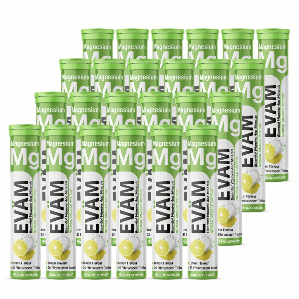 Mehrere Tuben EVÄM Magnesium Brausetabletten. Grün-weißes Design, gelbe Zitronenabbildung. Aufschrift: Magnesium, EVÄM, Lemon Flavour.