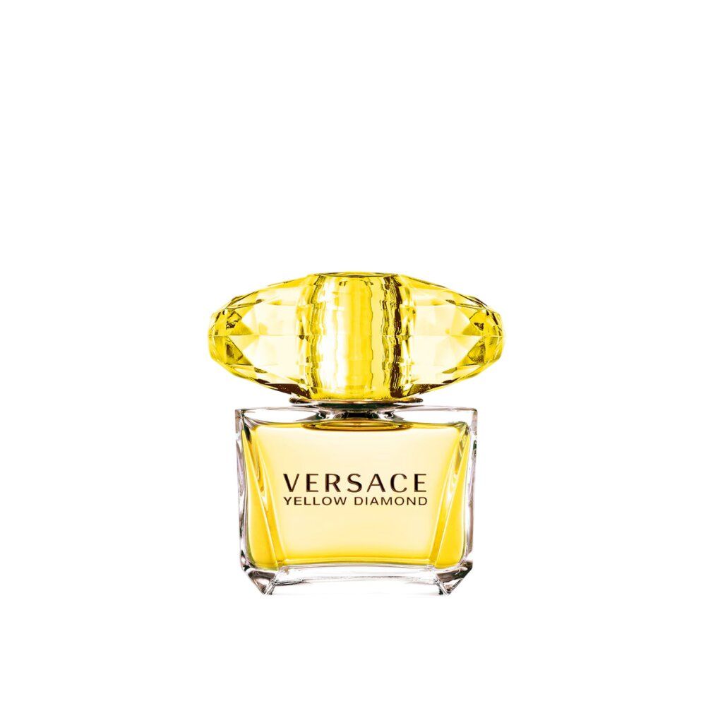 Gelbes Versace Yellow Diamond Eau de Toilette Flakon. Quadratische Form mit Diamantdeckel. Aufschrift Versace Yellow Diamond.