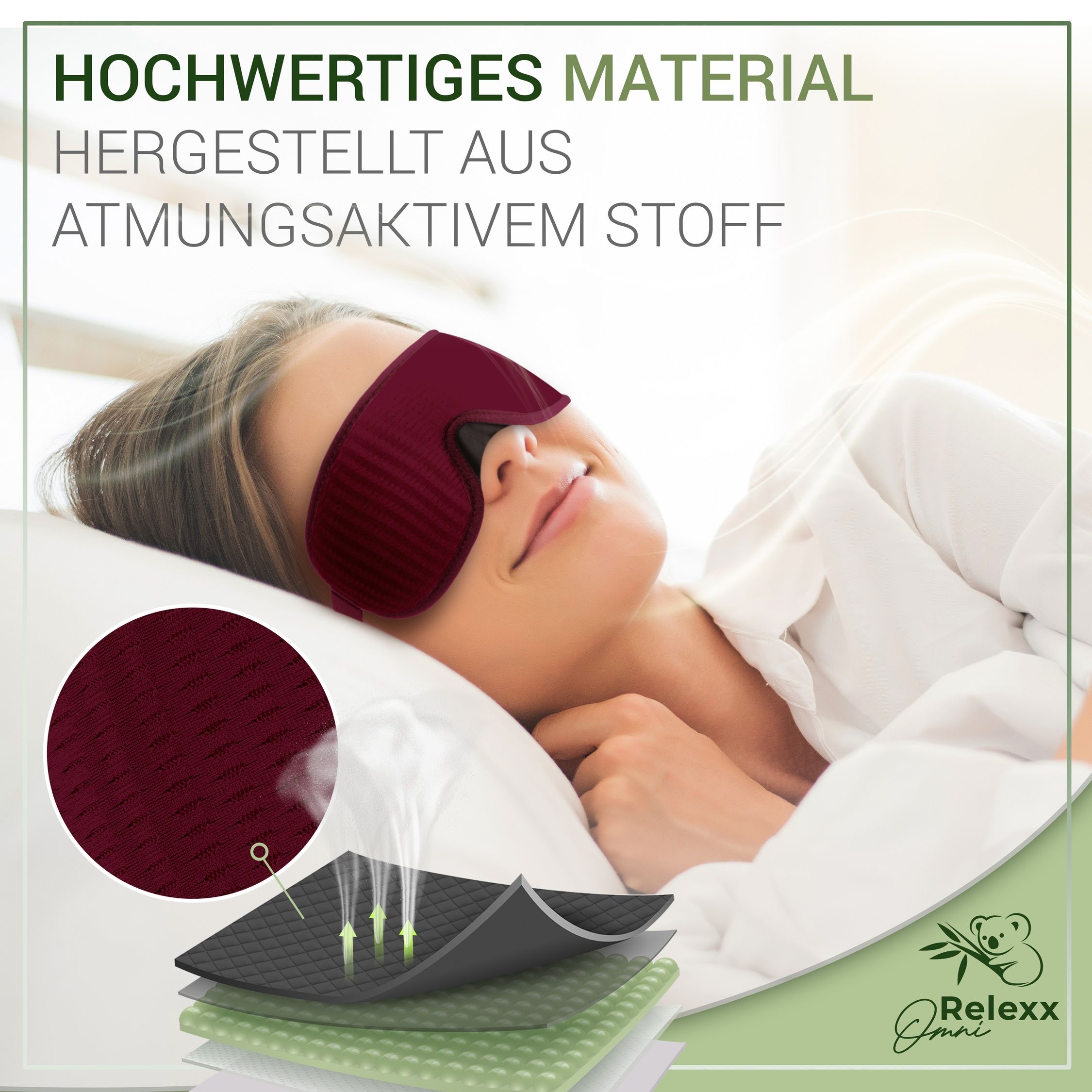Frau im Bett mit weinroter Schlafmaske. Nahaufnahme des Materials. Text: "Hochwertiges Material hergestellt aus atmungsaktivem Stoff".