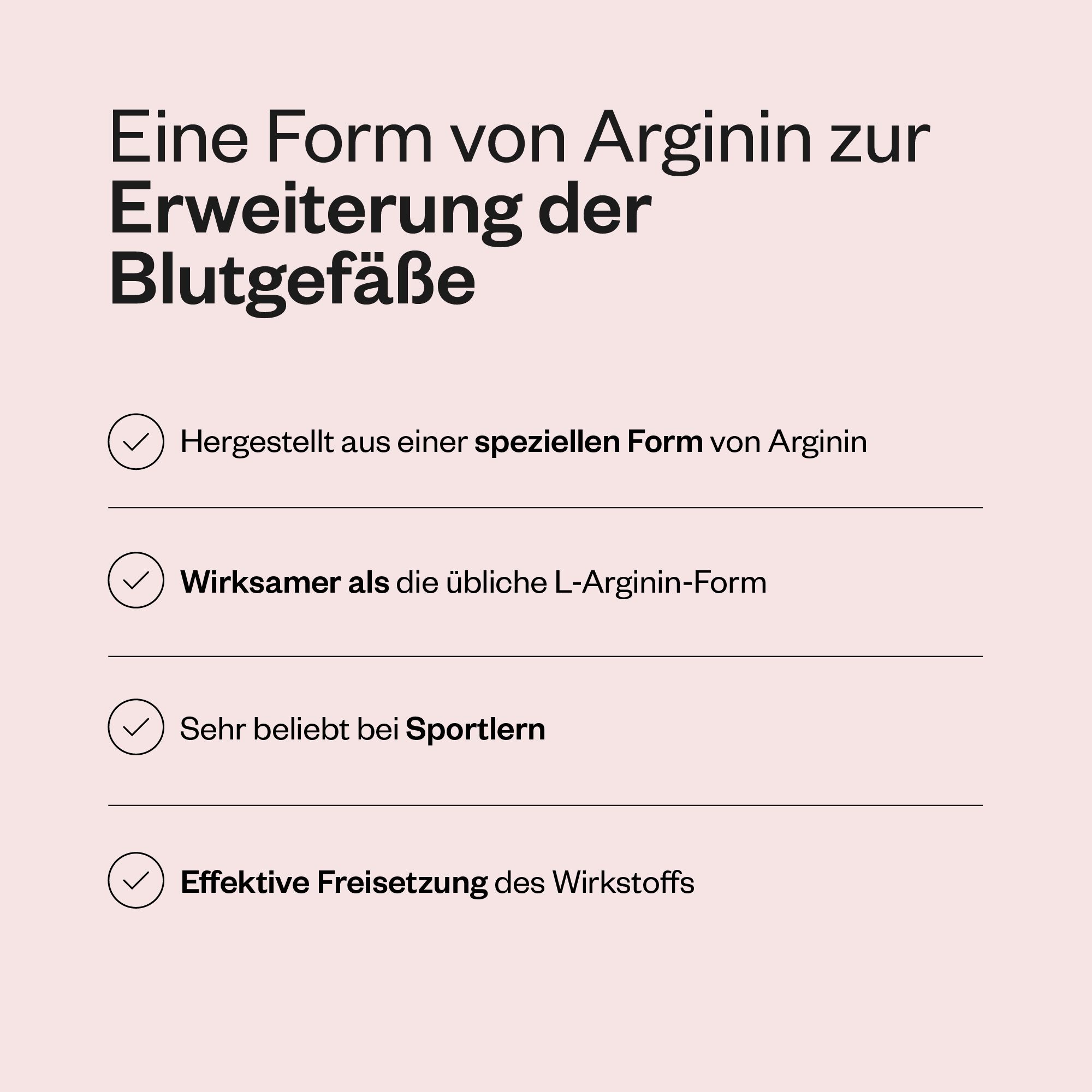 Text auf rosa Hintergrund. Überschrift: Eine Form von Arginin zur Erweiterung der Blutgefäße. Aufzählungspunkte.