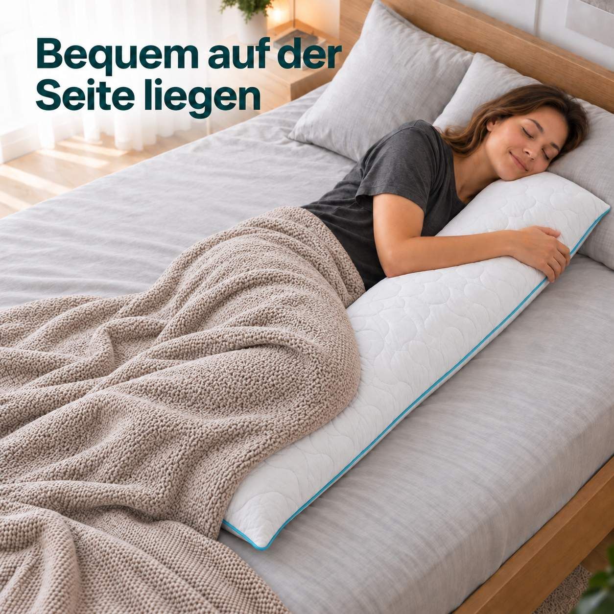 Frau liegt bequem auf der Seite auf einem langen, weißen Kissen.