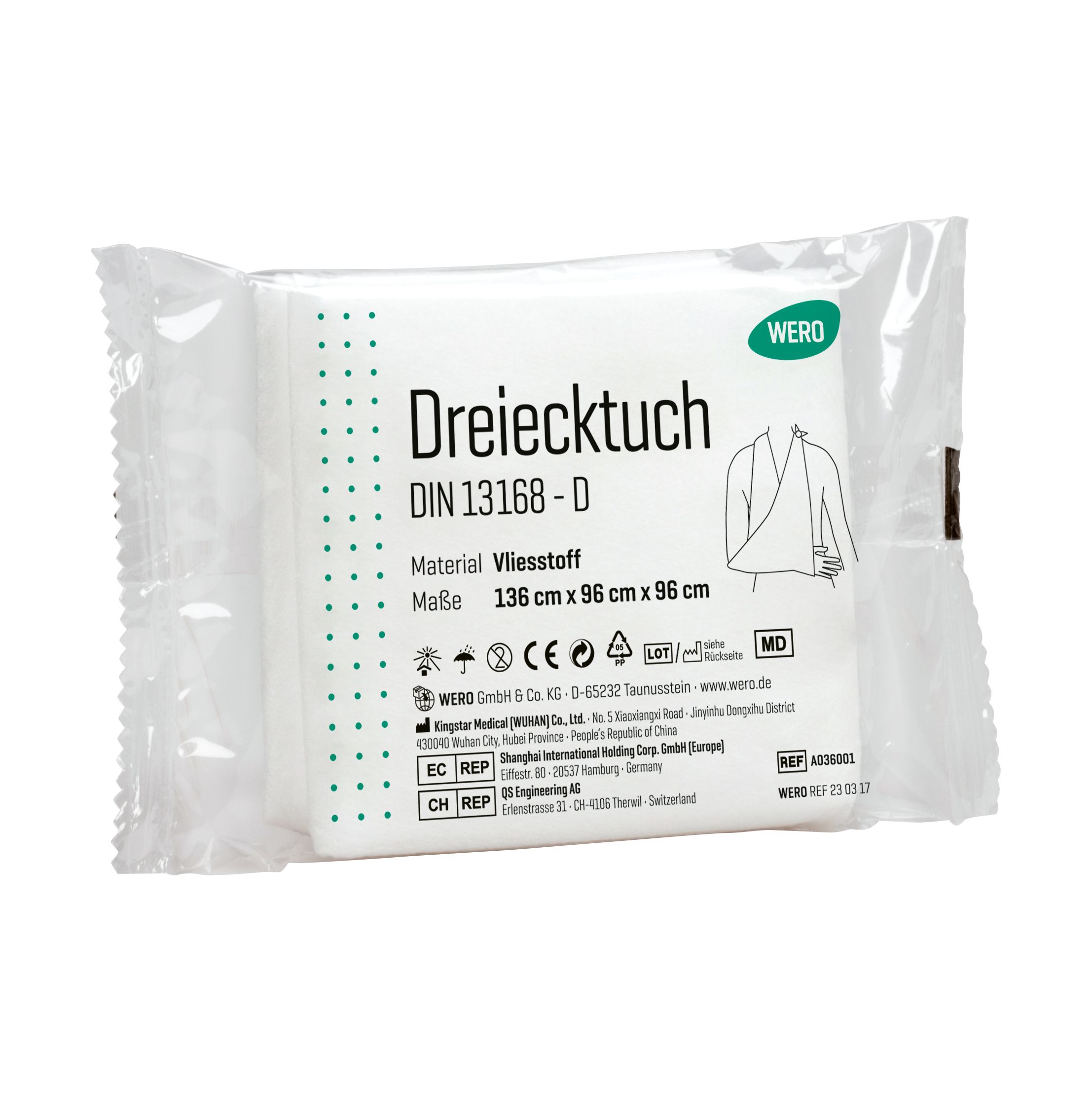Verpacktes Dreiecktuch aus Vliesstoff. Maße: 136 cm x 96 cm x 96 cm. Mit CE-Kennzeichnung und MD-Symbol. Herstellerinformationen.