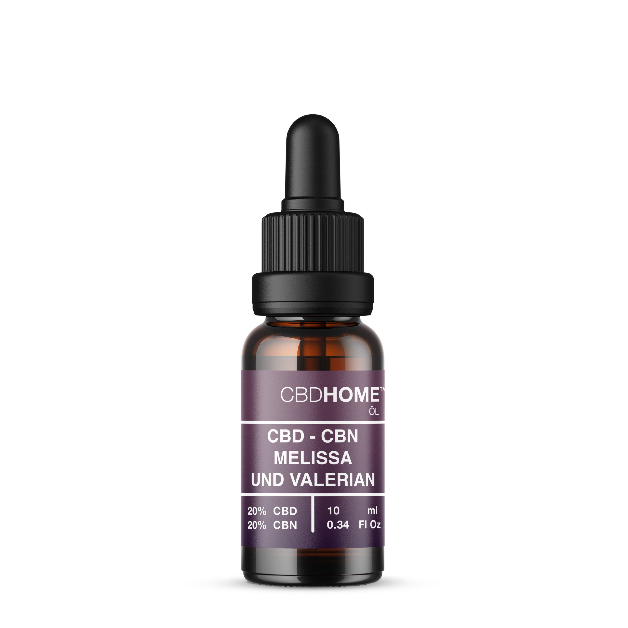 CBD HOME Ölflasche mit Pipette. Dunkelbraunes Glas mit Etikett, das 20% CBD und 20% CBN angibt.
