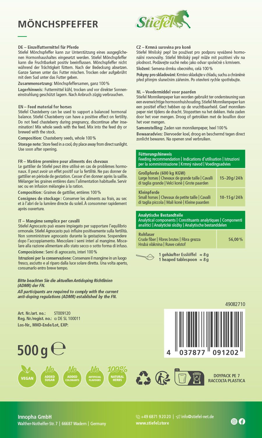 Rückseite der Stiefel Mönchspfeffer Verpackung. Text in mehreren Sprachen, Inhaltsstoffe, Fütterungshinweise, Logos. Vegan, ohne Zucker, Farbstoffe, Aromen.