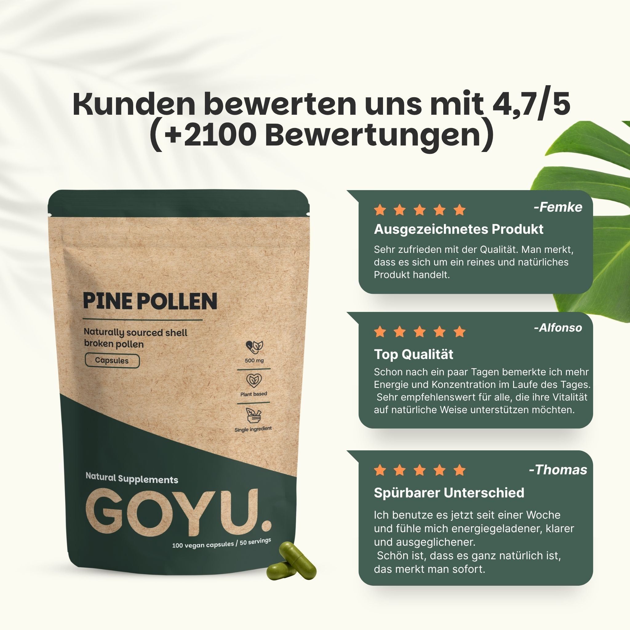 Braune Pouch mit Kiefernpollen-Kapseln. Kundenbewertungen: Ausgezeichnetes Produkt, Top Qualität, Spürbarer Unterschied.