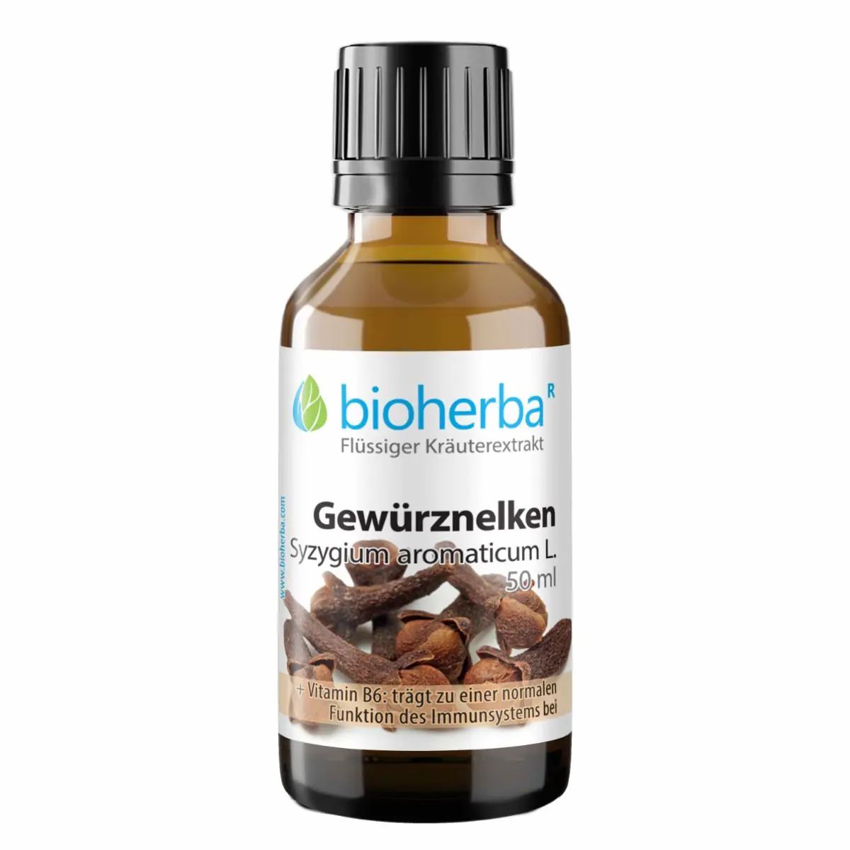 Braune Glasflasche mit schwarzem Deckel. Etikett mit Produktname, Gewürznelken-Abbildung und Text.