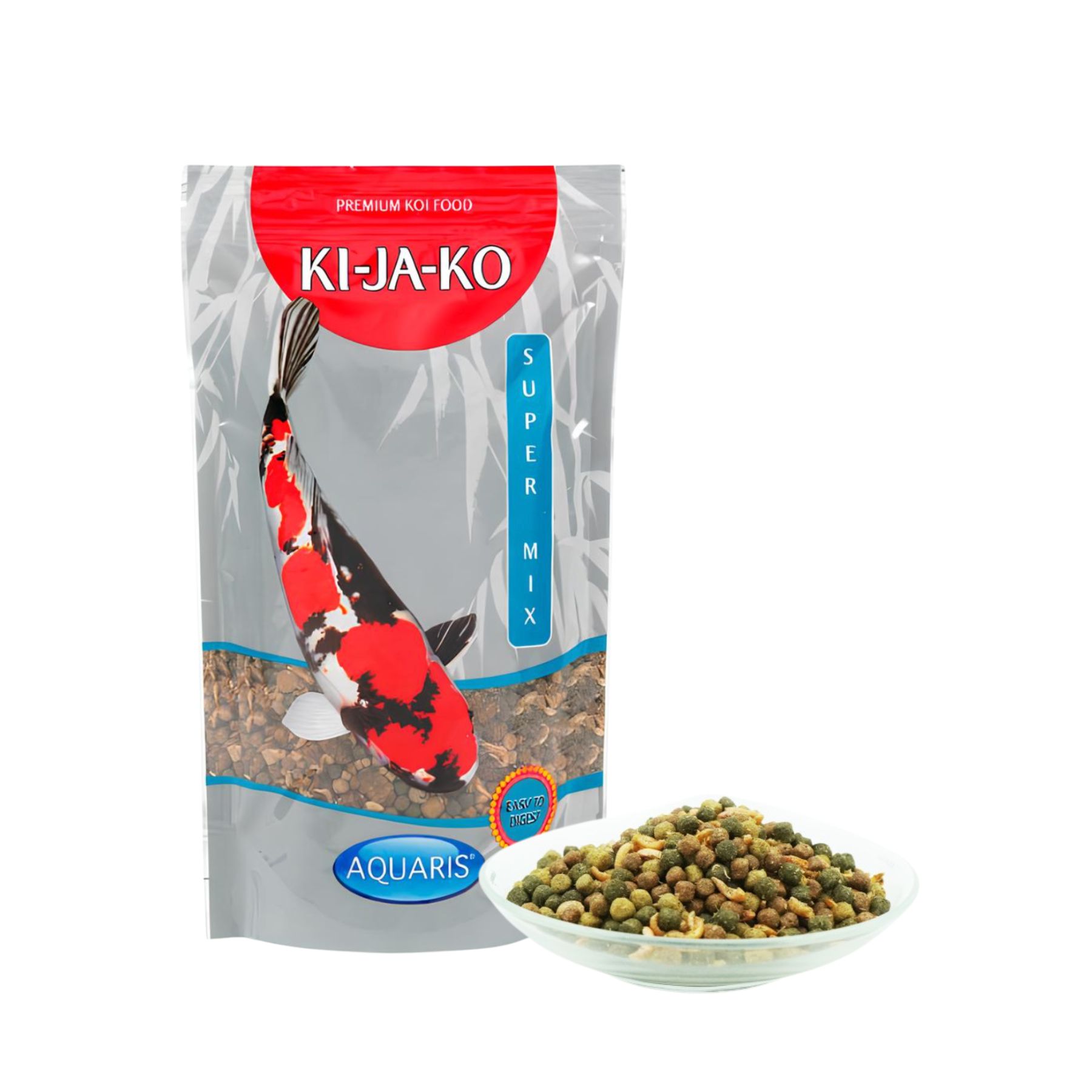 Verpackung mit KI-JA-KO Logo und Koifisch-Illustration. Super Mix-Text. Schale mit Futter daneben.