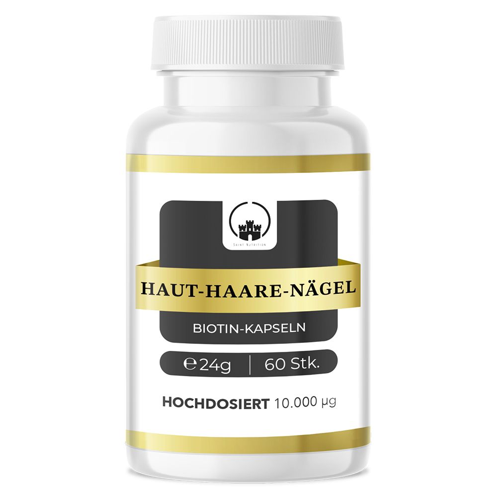 Weißes Pillenfläschchen mit Aufschrift 'Haut-Haare-Nägel'. Enthält 60 Kapseln. Hochdosiert 10.000 µg.