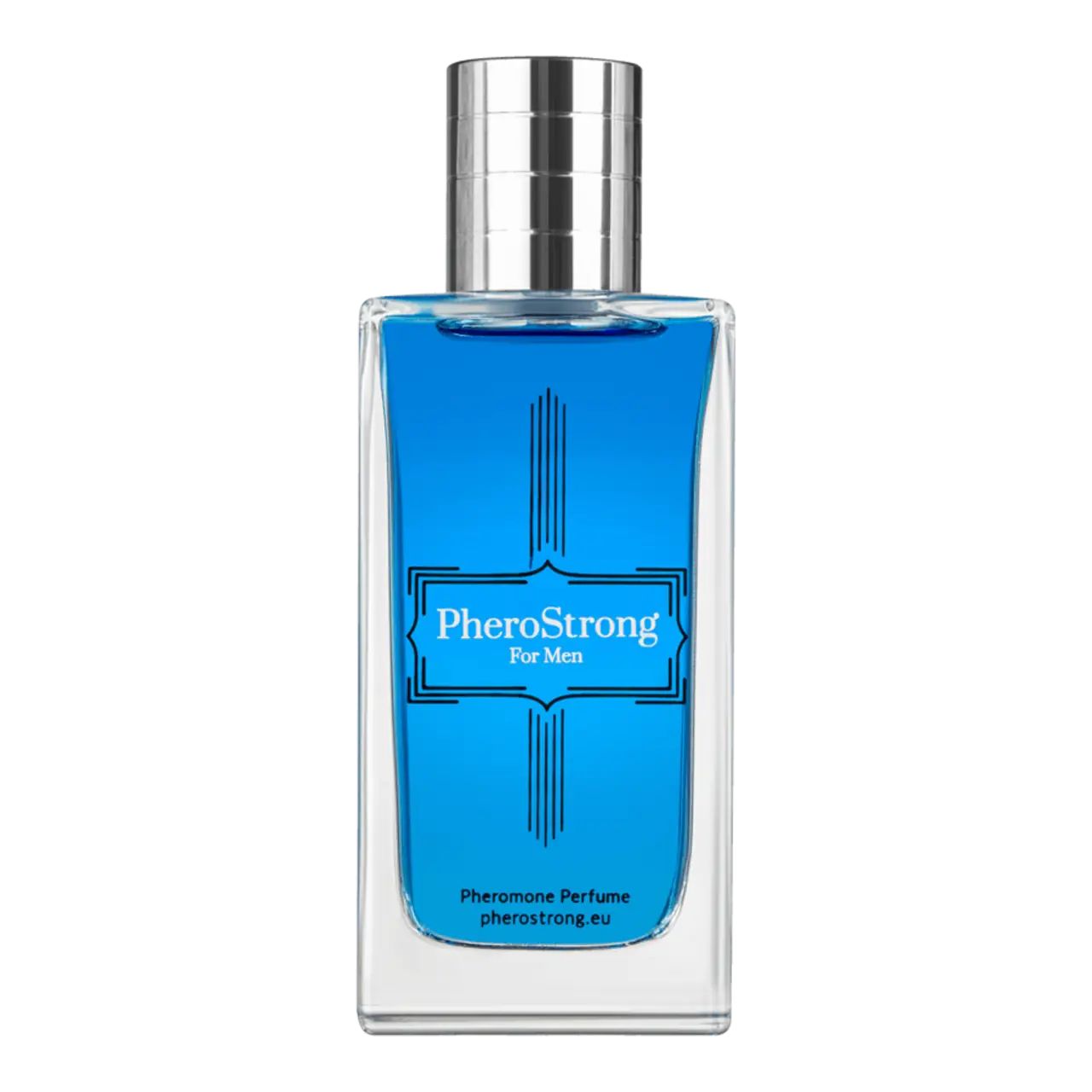 Rechteckiger Flakon PheroStrong für Männer mit blauer Flüssigkeit. Aufschrift: PheroStrong For Men, Pheromone Perfume.