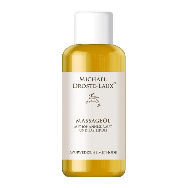 Flasche mit Massageöl. Aufschrift: Michael Droste-Laux, Massageöl mit Johanniskraut und Basilikum, ayurvedische Methode.