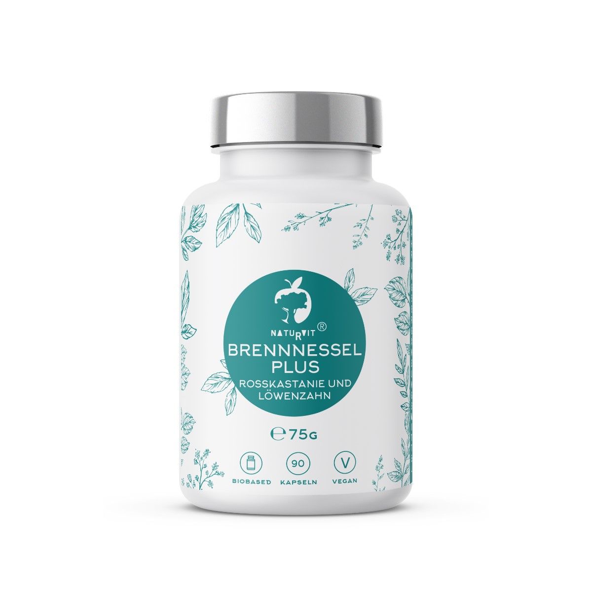 Weiße Flasche mit silbernem Deckel. Aufdruck: Naturvit® Brennnessel Plus. Grüne Kreise und Blätter. 75g, vegan.