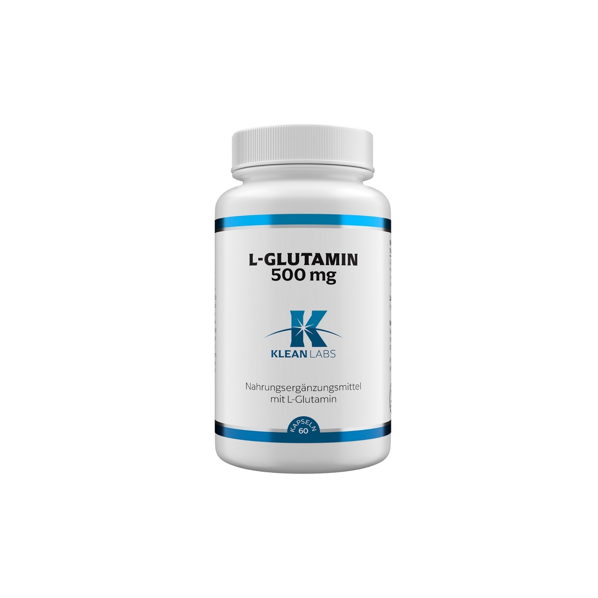 Weiße Kapselpackung mit L-Glutamin 500 mg und Klean Labs Logo.