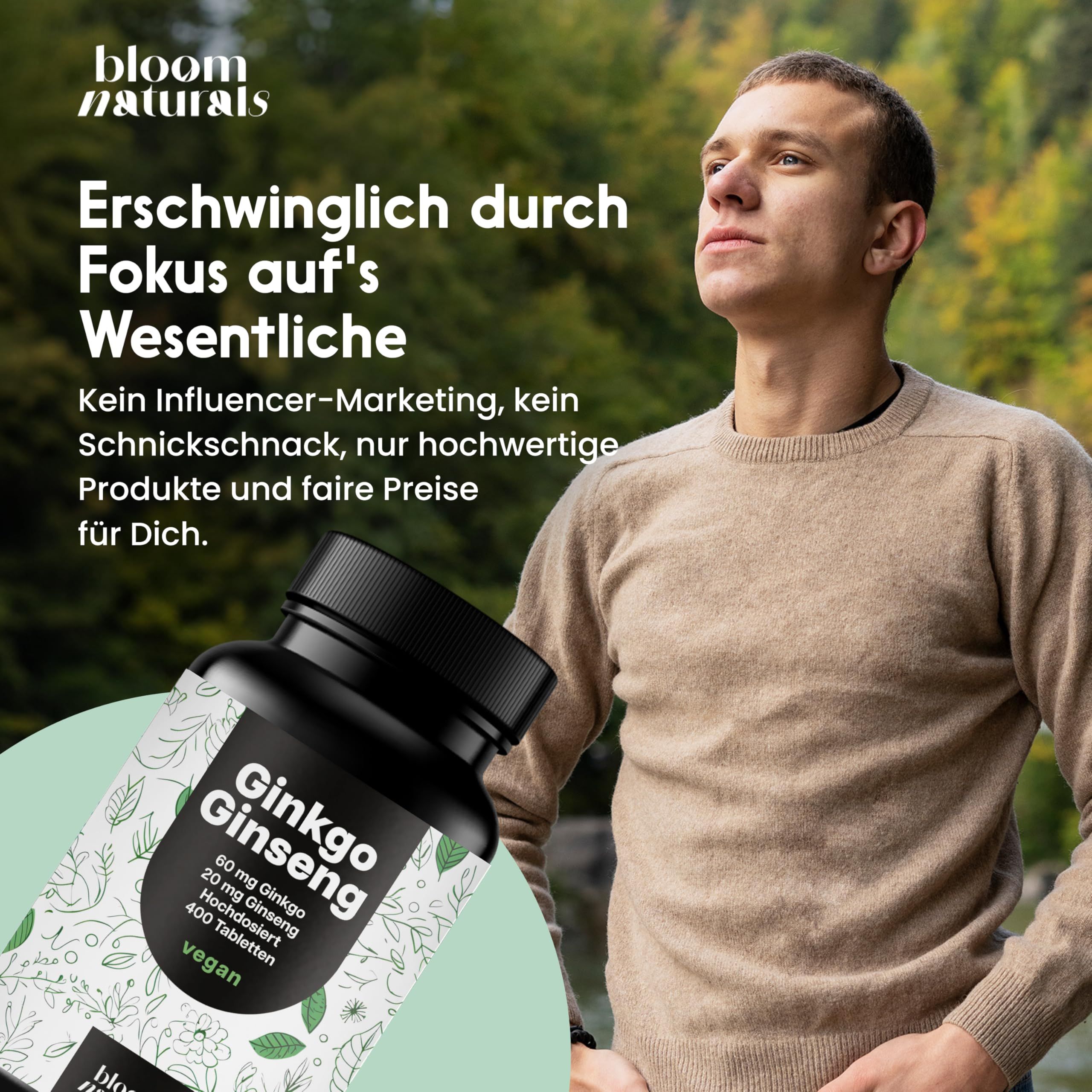 Ein Mann mit einer Flasche. Text: Ginkgo Ginseng, 60 mg Ginkgo, 20 mg Ginseng, 400 Tabletten, vegan. Text: Erschwinglich durch Fokus auf's Wesentliche.