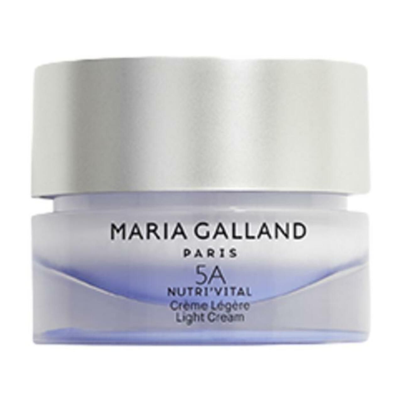 Creme-Tiegel mit silbernem Deckel. Aufschrift: MARIA GALLAND PARIS, 5A NUTRI'VITAL Crème Légère Light Cream.