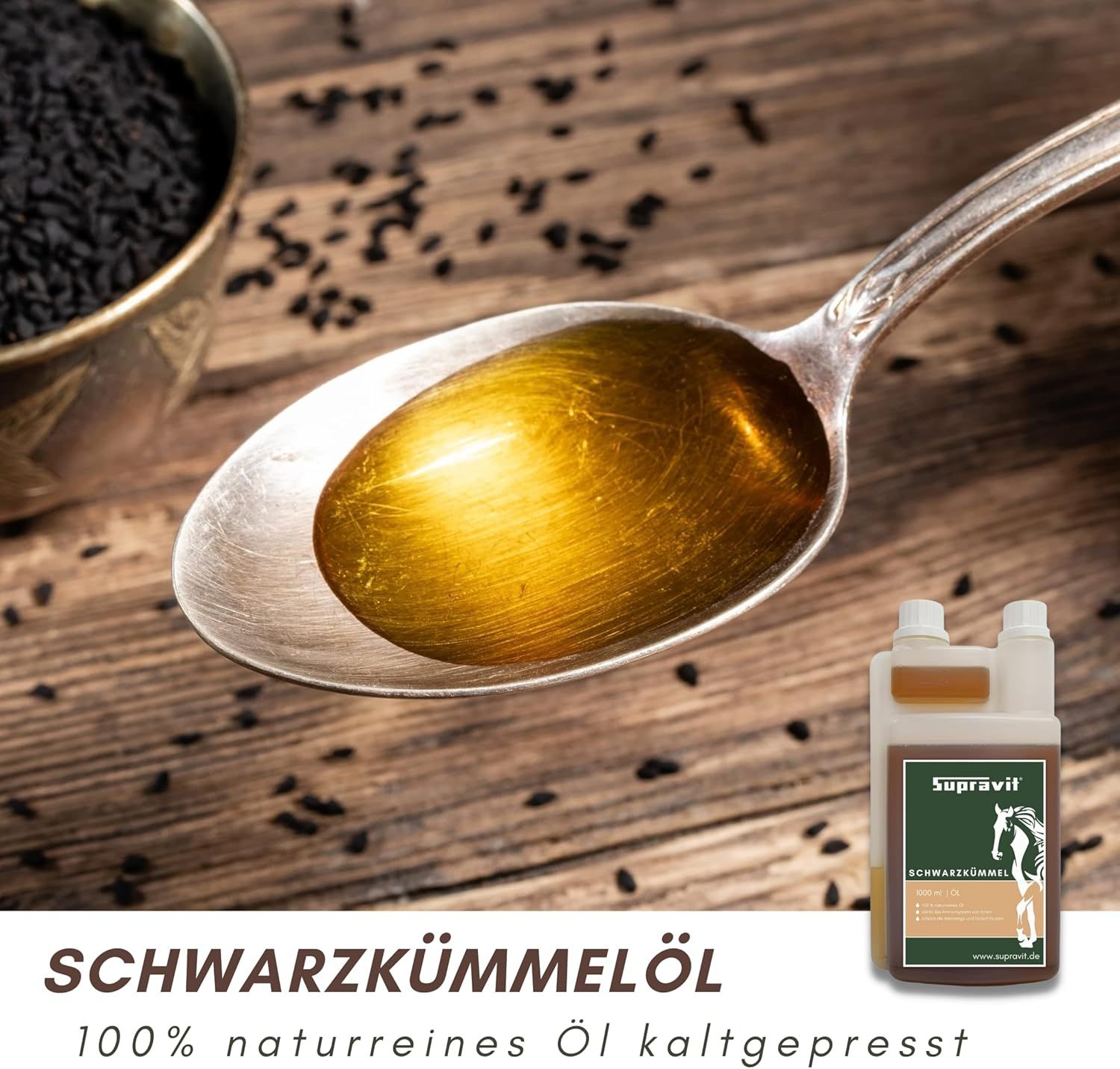 Supravit Schwarzkümmelöl für Pferd & Hund – 1 l Dosierflasche | frisch kaltgepresst & 100% naturrein