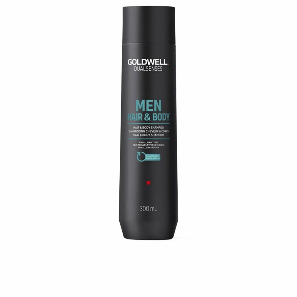 Schwarze Flasche Goldwell Dual Senses Men Hair & Body Shampoo. Text in Weiß und Türkis. 300 ml.