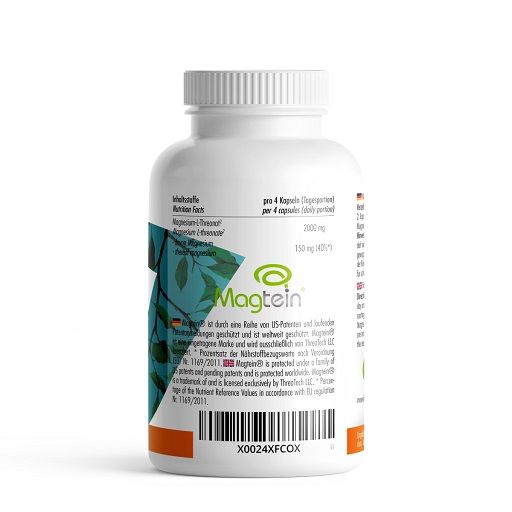 Weiße Flasche mit orangefarbenem Etikett. Aufschrift: Magtein. Text in Deutsch. 150 mg Magnesium. Grün-blaue Blätter.