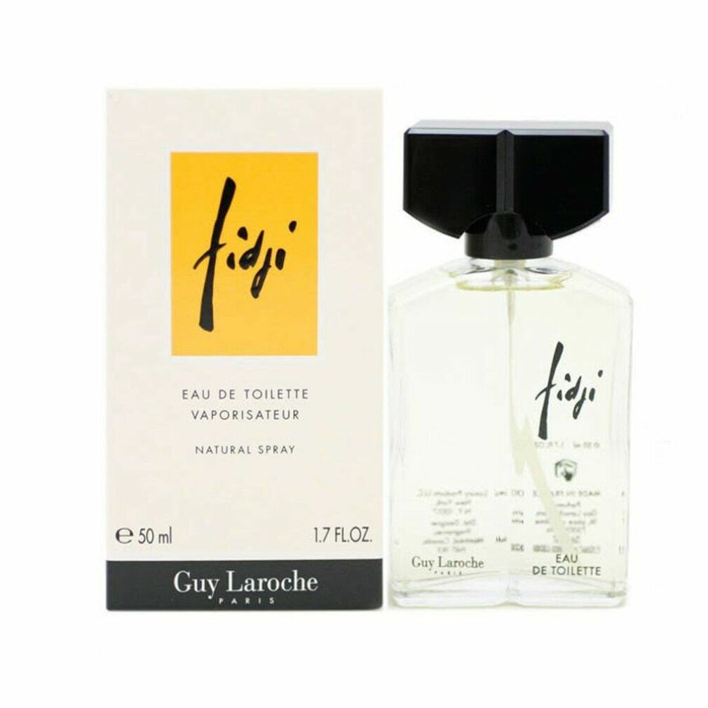 Fidji Eau de Toilette Spray von Guy Laroche. Flakon und Verpackung. Gelbe Flüssigkeit im Glasflakon mit schwarzem Verschluss.