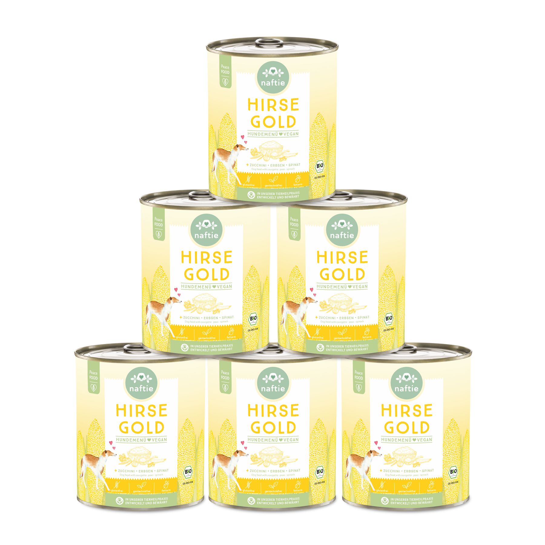 Sechs Dosen "naftie Bio Hirse Gold" Hundemenü, gestapelt. Aufschrift: Hirse Gold, Hundemenü Vegan. Bio-Siegel.