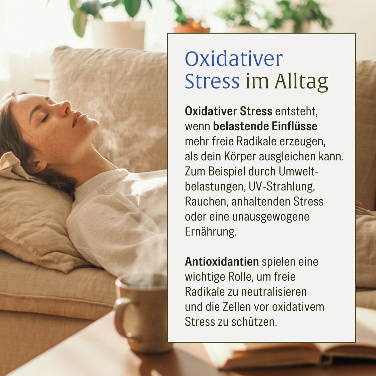 Frau entspannt auf Sofa, Text über oxidativen Stress und Antioxidantien.