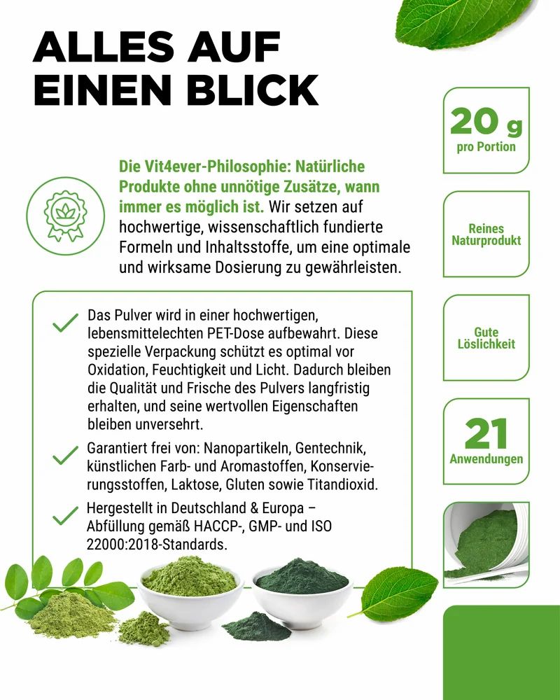 Vit4ever Superfood Mix Dose und Zutaten wie Gerstengras und Guarana.