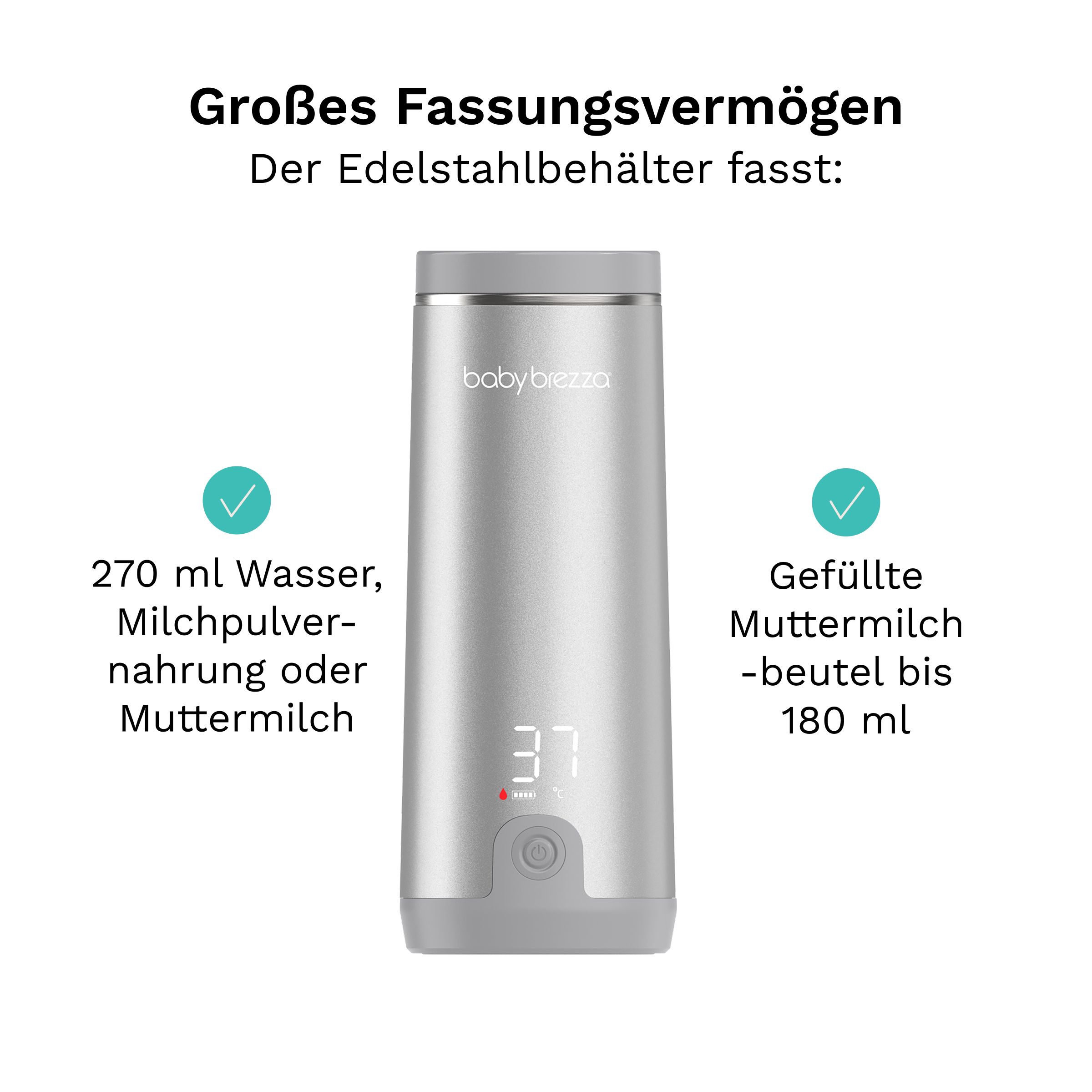 Silberner Tragbarer Muttermilch- & Wasserwärmer mit digitaler Temperaturanzeige '37'.