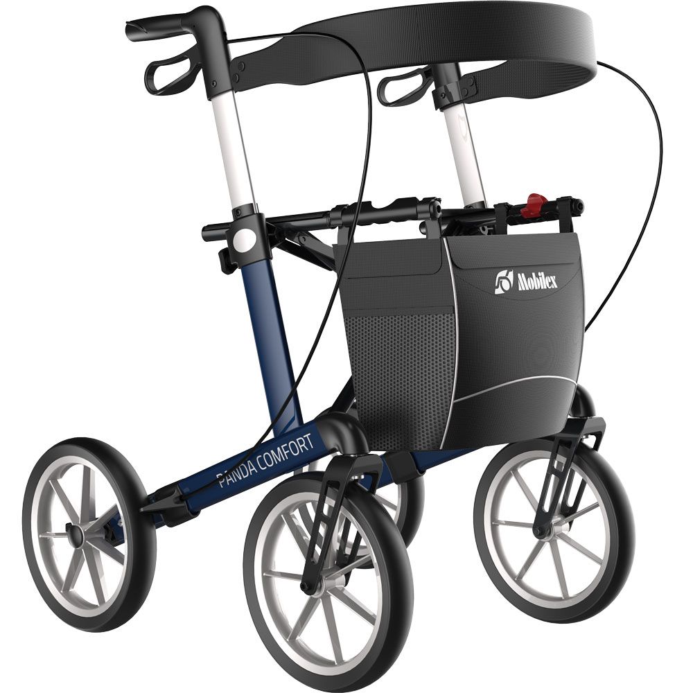 Blauer Rollator mit vier Rädern, schwarzem Korb und Griffen. "PANDA COMFORT" Schriftzug.