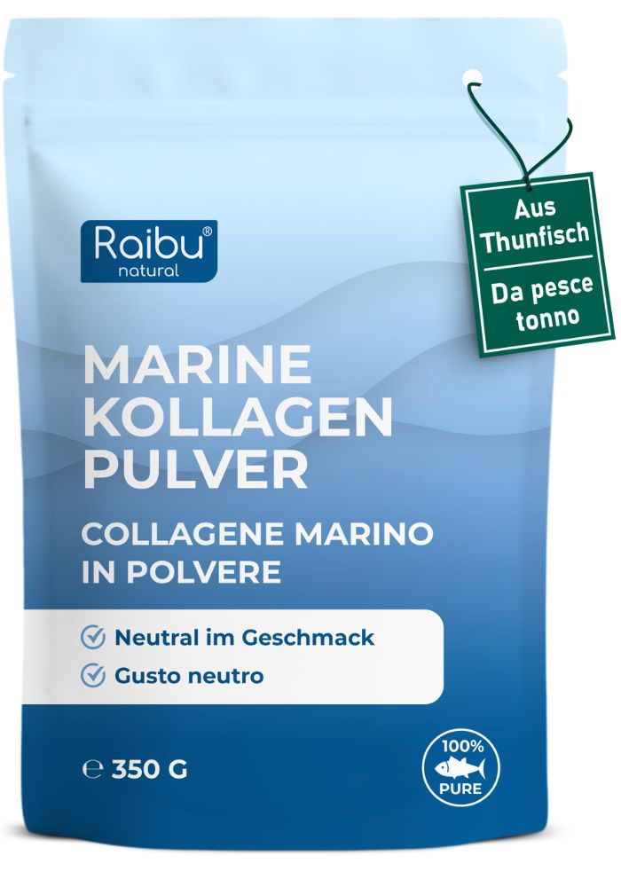 Raibu Marine Kollagen Pulver Beutel, 350g. Geschmacksneutral, aus Thunfisch.