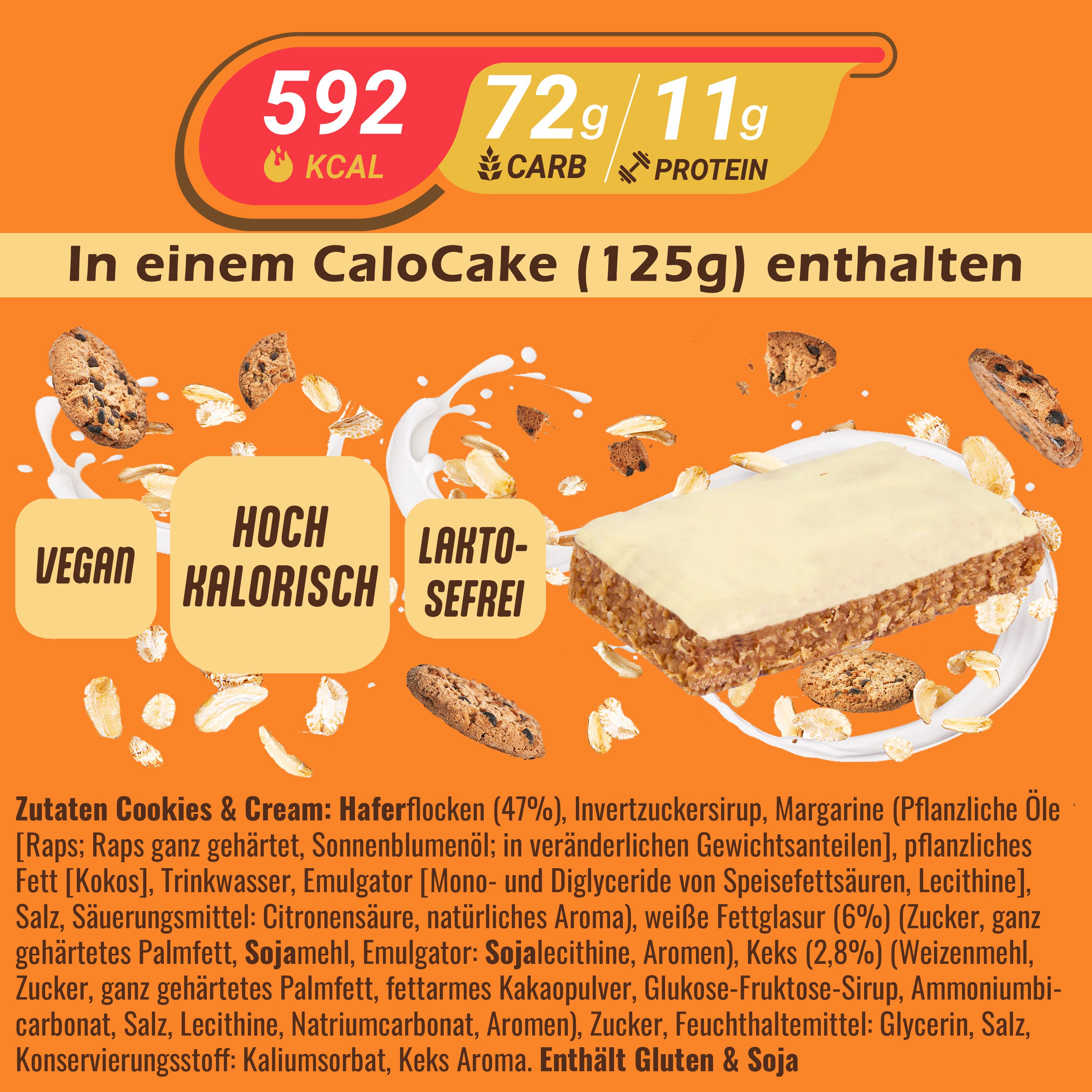 Nährwertangaben und Zutatenliste für CaloCake-Riegel. Text: 592 kcal, vegan, laktosefrei.