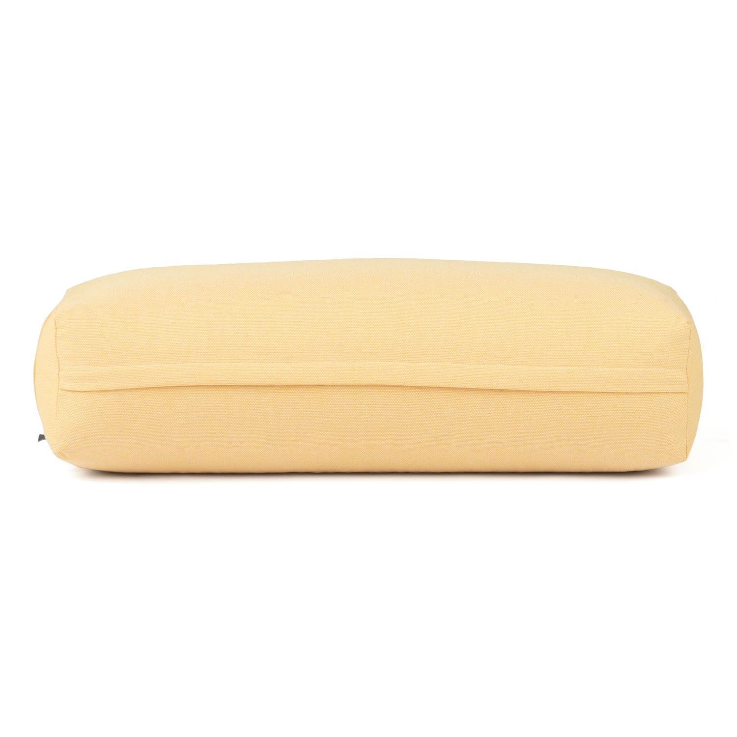 Gelbes Yoga-Bolster. Zylindrische Form, Stoffbezug. Für Yoga-Übungen.