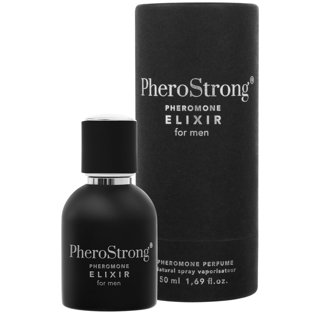 Schwarze Flasche und Verpackung. Aufschrift: PheroStrong Pheromone Elixir for men. 50 ml.