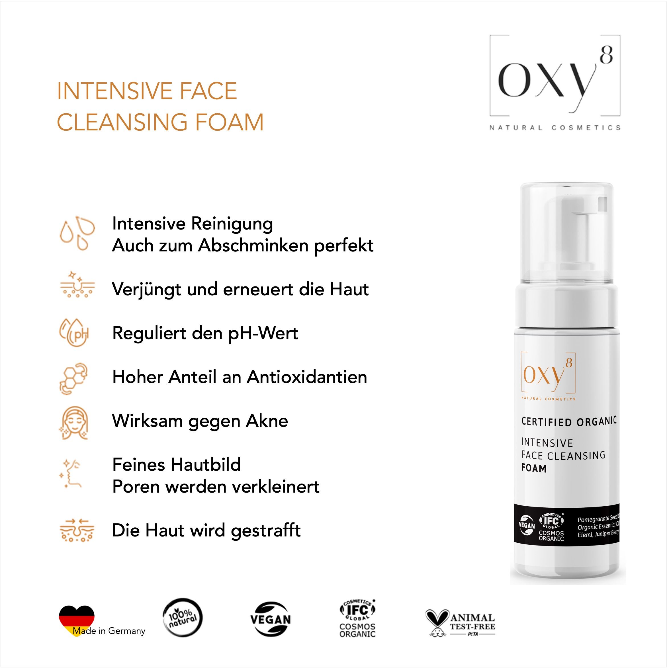 oxy8 Naturkosmetik Intensive Face Cleansing Foam – Intensiver Reinigungsschaum. Auch zum Abschminken 150 ml Dosierschaum