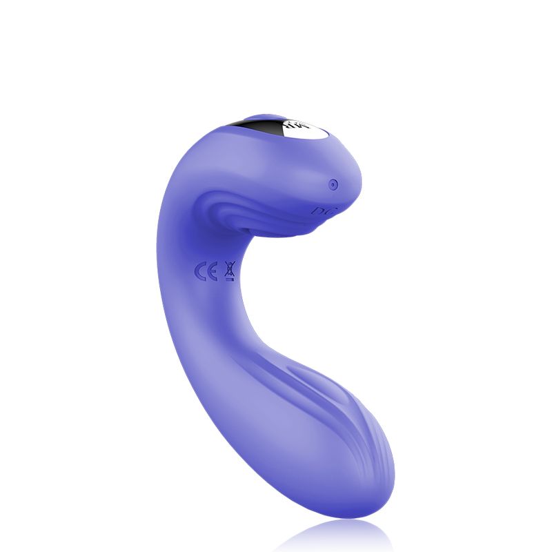Lila Vibrator, U-förmig. Oberseite mit Bedienfeld. CE-Kennzeichnung.