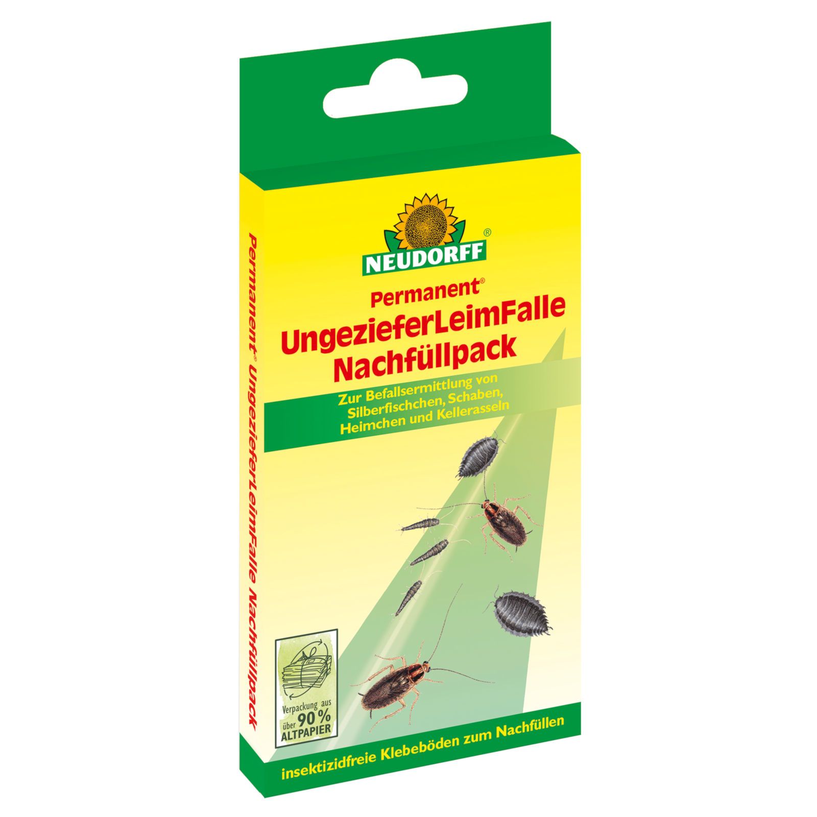 Verpackung mit Aufdruck 'Permanent UngezieferLeimfalle Nachfüllpack'. Grün-gelbes Design, Insektenabbildungen.