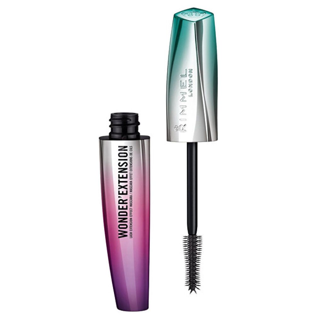 Rimmel Wonder'Extension Mascara. Flasche und Bürste. Farbverlauf von Grün nach Lila. Text: Sehr Schwarz.