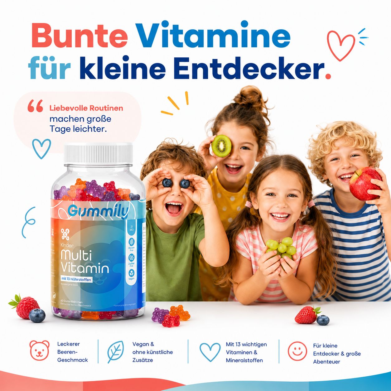 Kinder mit Gummily Multivitamin Flasche und Obst, die Vitamine für kleine Entdecker.