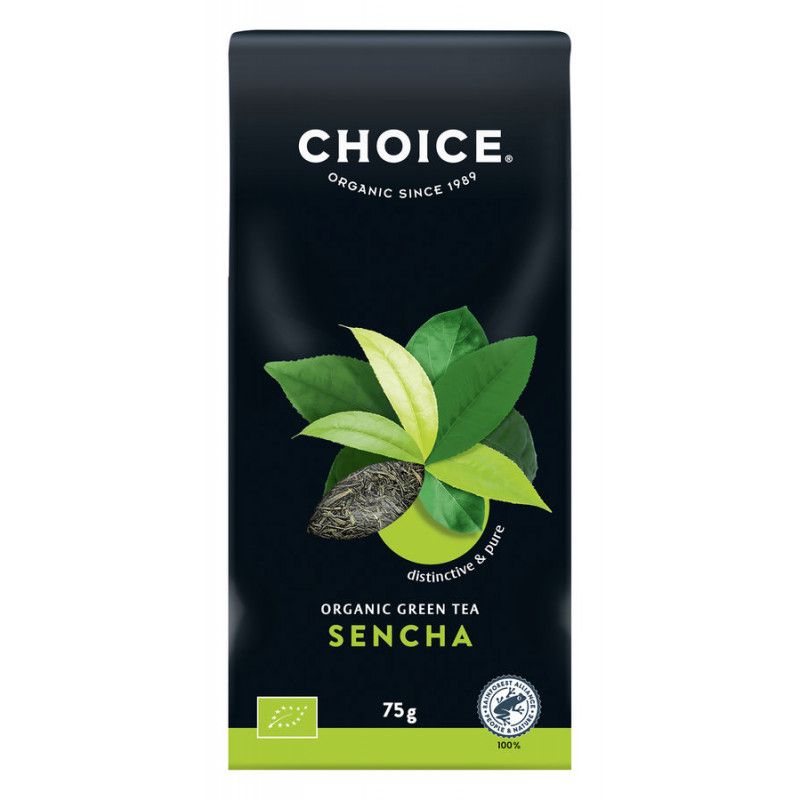 Schwarze Verpackung mit Logo CHOICE, Sencha-Tee, grüne Blätter, Text: Organic Green Tea, 75g, Bio-Siegel.