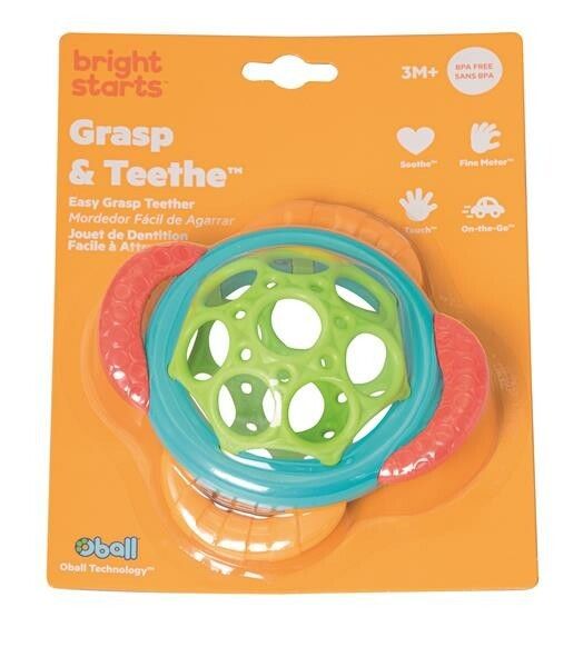 Baby-Beißring in Verpackung. Orangefarbene Karte mit Produktname und Logo. BPA-frei.