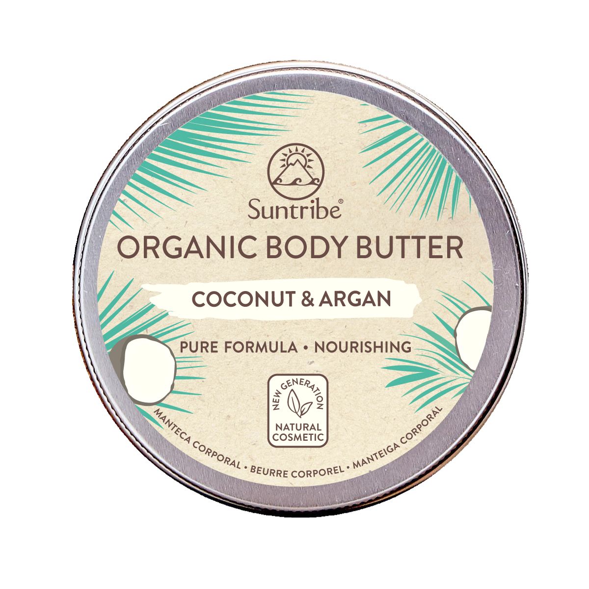 Runde Dose mit Deckel. Aufschrift: Suntribe Organic Body Butter Coconut & Argan. Mit Kokosnuss- und Palmenblatt-Design. Aufschrift: Pure Formula, Nourishing.