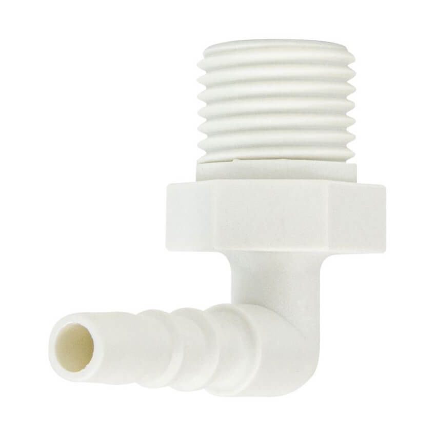 Weißer Winkel-Schlauchanschluss mit Gewinde und Schlauchtülle. Eckige Form mit geriffelter Oberfläche. Einzelstück.