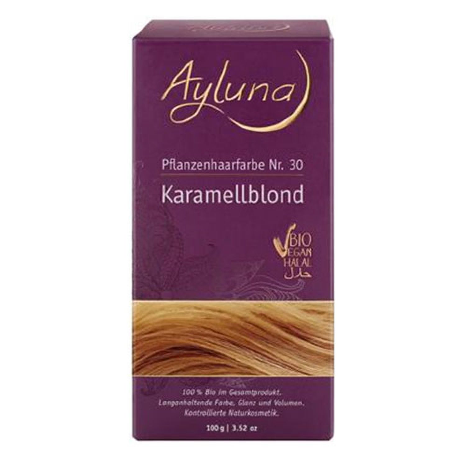 Ayluna Pflanzenhaarfarbe Nr. 30 Karamellblond Bio-Verpackung. Violette Schachtel mit Produktinformationen und Haarfarb-Beispiel.