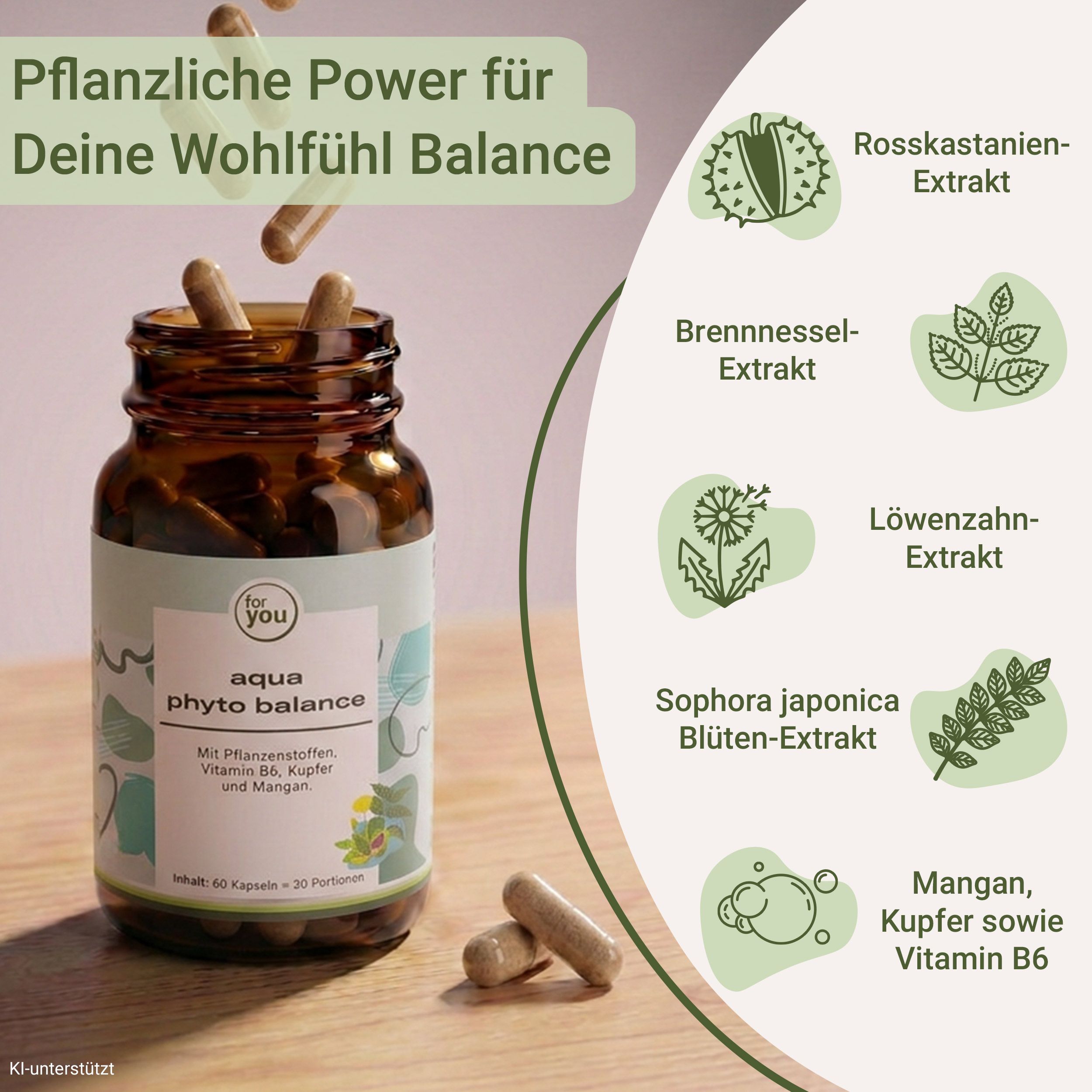 Braunglasflasche mit Aqua Phyto Balance Kapseln und Icons zu pflanzlichen Inhaltsstoffen.