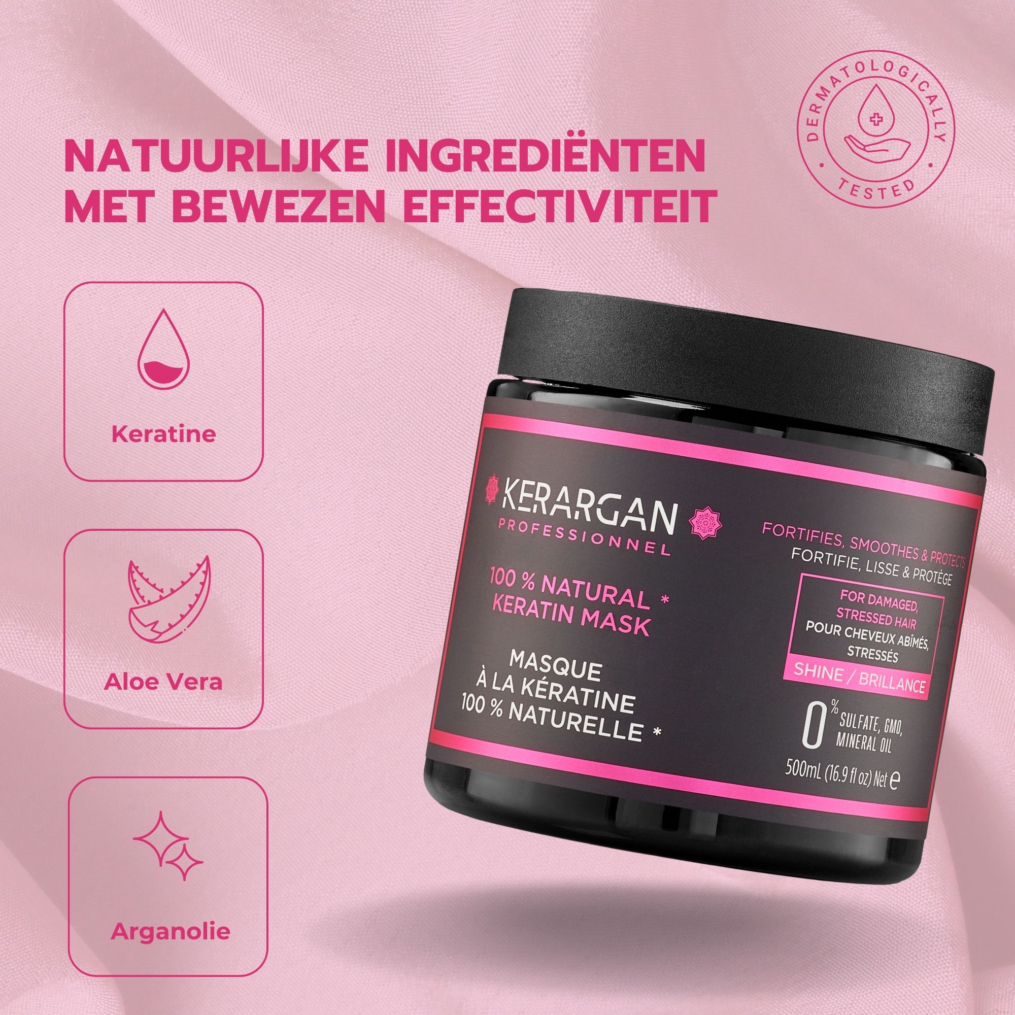 Roze achtergrond met symbolen en tekst. Opschrift: Kerargan, Professionnel. Voor beschadigd haar.