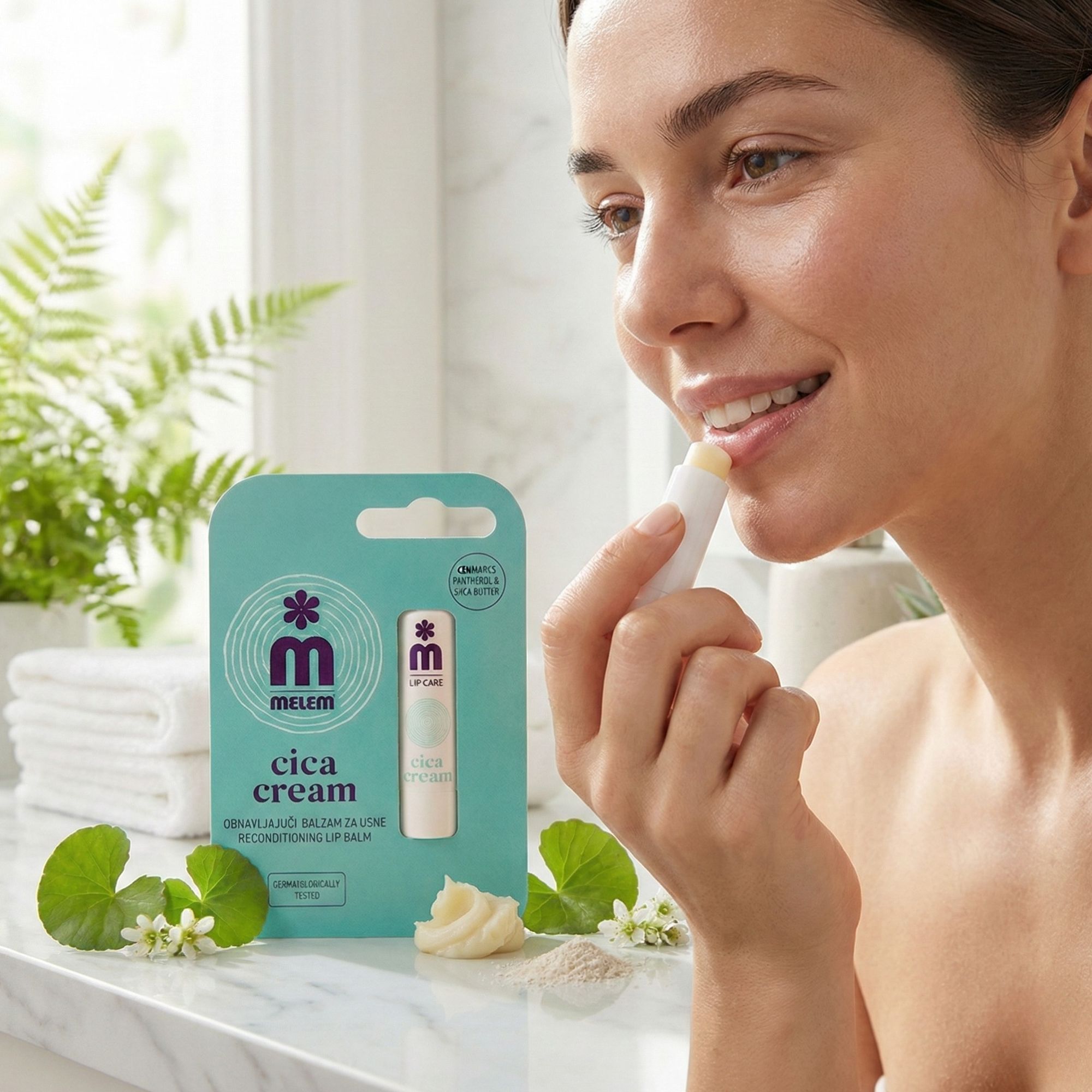 Frau trägt Melem Cica Cream Lippenpflegestift auf. Türkis-weiße Verpackung, weißer Stift. Blüten, Blätter, Creme und Pulver daneben.
