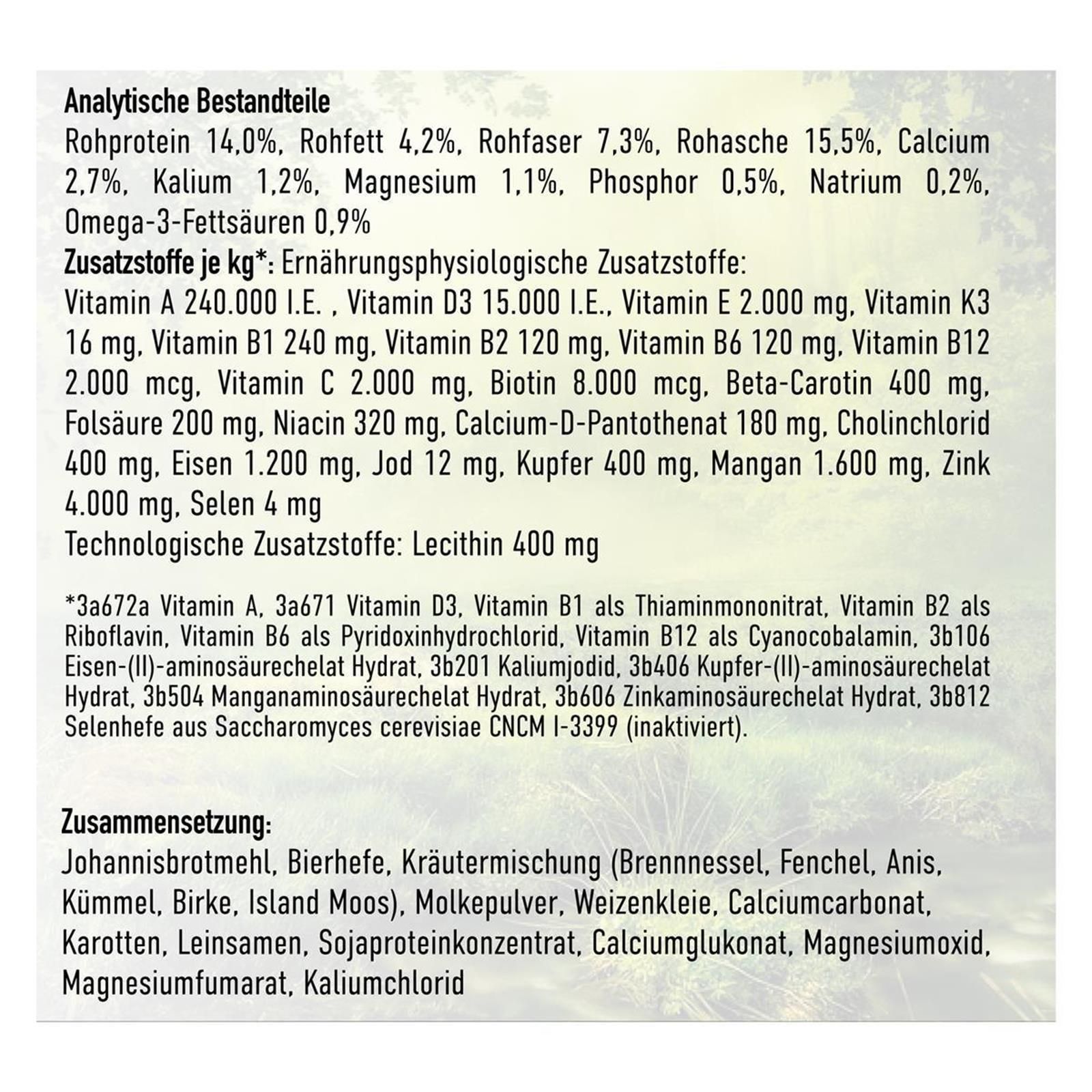 Text mit analytischen Bestandteilen und Zusatzstoffen von TJURE Vita Plus. Auflistung von Vitaminen und Mineralien.