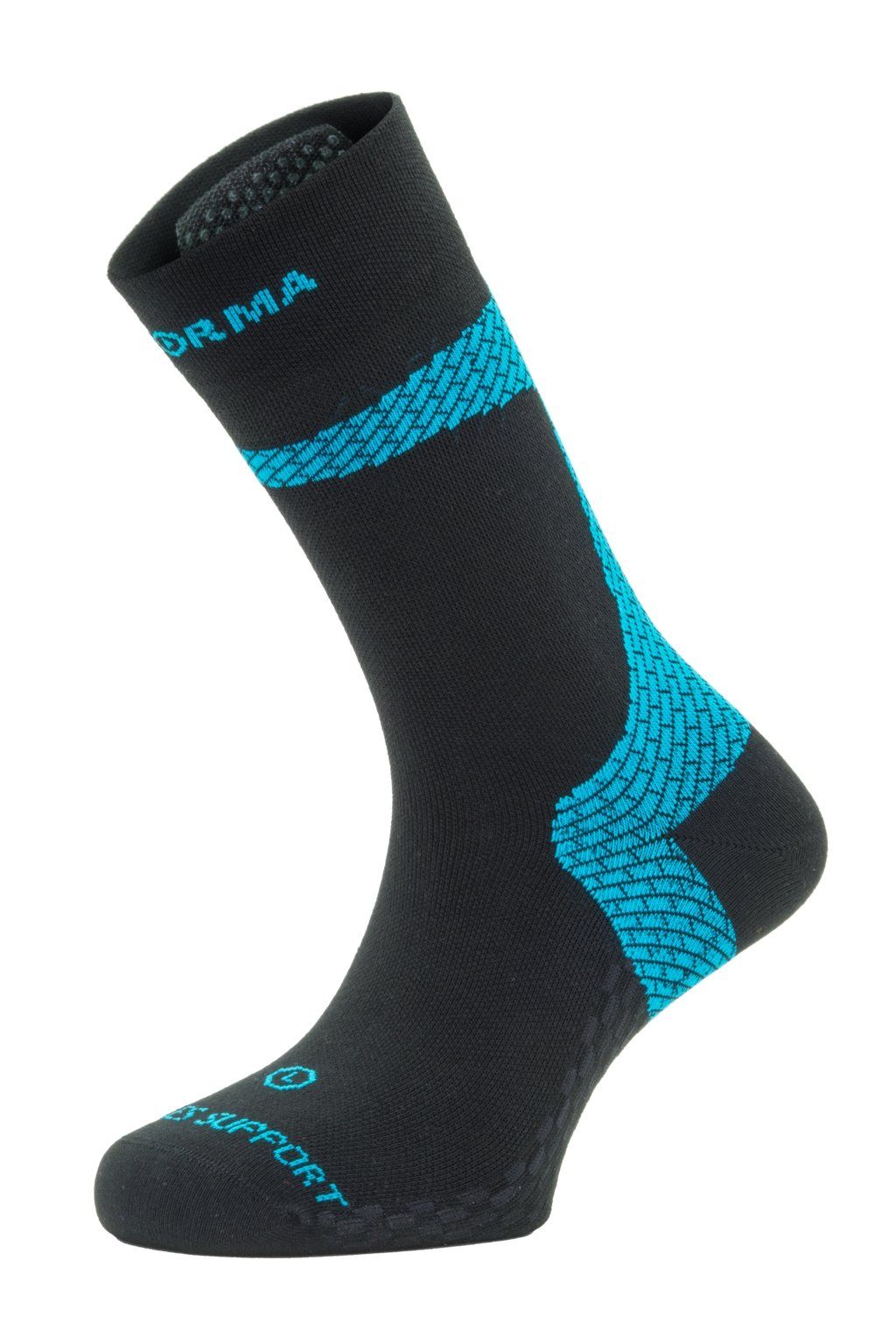 Calzino nero Enforma Achilles Support con motivo blu. La caviglia e la parte superiore del calzino presentano il nome del marchio. Il calzino ha una suola imbottita e un motivo strutturato.