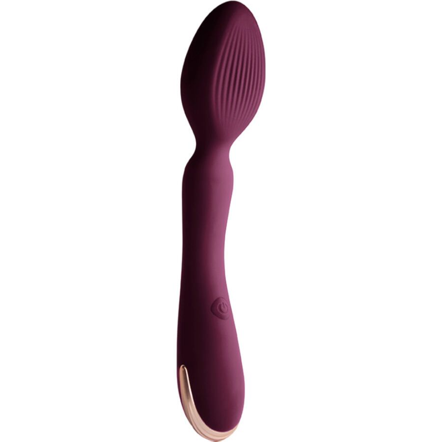 Bordeauxfarbener Stabvibrator mit geriffelter Spitze und geschwungener Form. Goldfarbener Akzent am Fuß.
